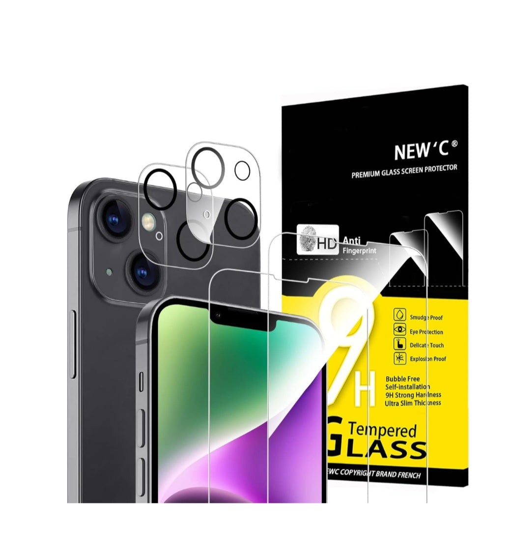 Protector Pantalla para iPhone 14 (6,1 Pulgadas)2 Unid y 2 unid Protector de Lente de Cámara - Cristal Templado - Anti-Rayaduras - Ultra Resistente - Cristal Dureza 9H