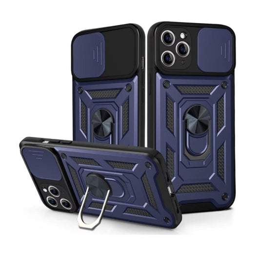 Funda para iPhone 11,Protección de la Cámara Carcasa con Cubierta de Cámara Deslizante y Soporte de 360 Anillo Soporte PC Dura y TPU Silicone Anti-Choque Anti-arañazos Case,Azul